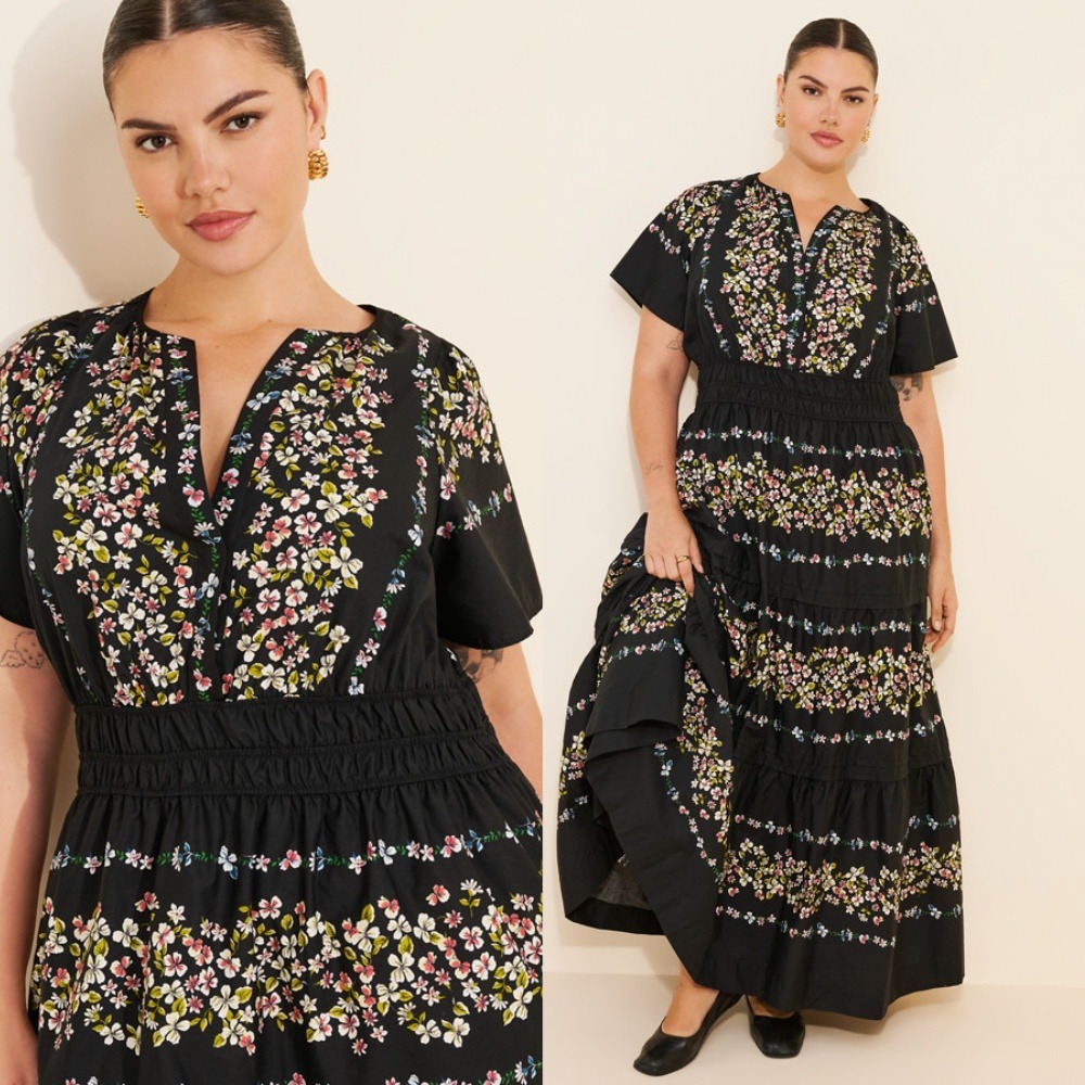 Anthropologie Somerset Maxi Dress Black Floral 2X Tiered Smocked